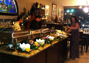 An example of a tropical themed serving station for an off-site banquet catered by the Mai-Kai.