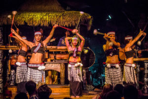 Five female dancers performing the Maori number on Mai-Kai’s stage.