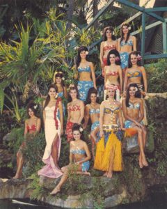 Photo from past of Mai-Kai women on the waterfall in the Mai-Kai garden.