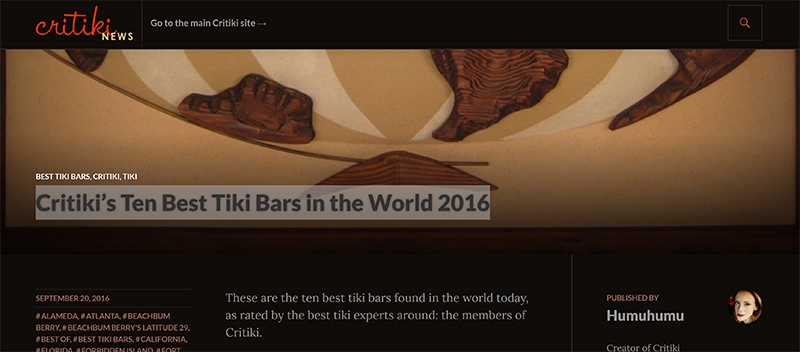 Screenshot of Critiki’s article of Ten Best Tiki Bars in the World 2016.