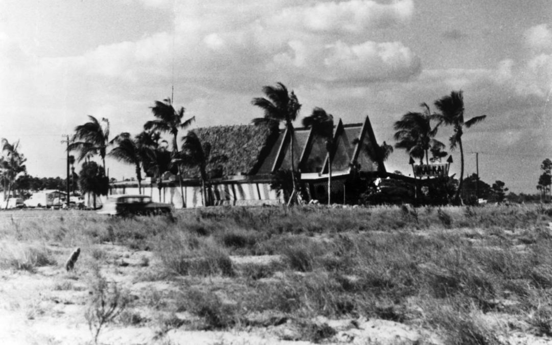 Vintage photo of the Mai-Kai's exterior from the late 50’s showing it surrounded by undeveloped fields.